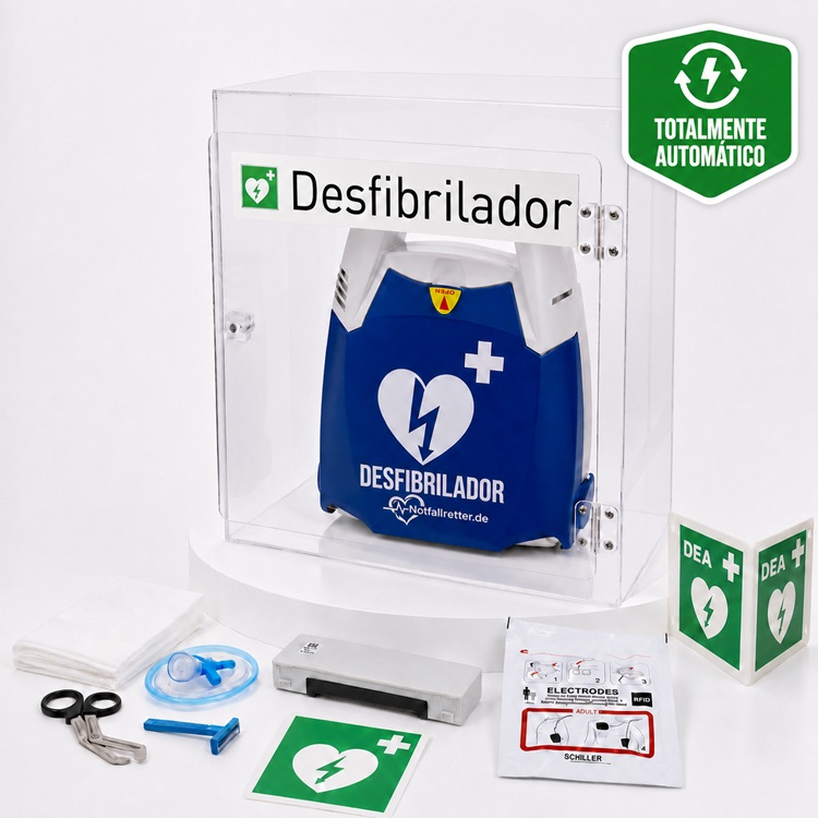 Set de desfibrilador DEA Notfallretter.de con armario de pared de acrílico, señalizador DEA y kit de emergencia.