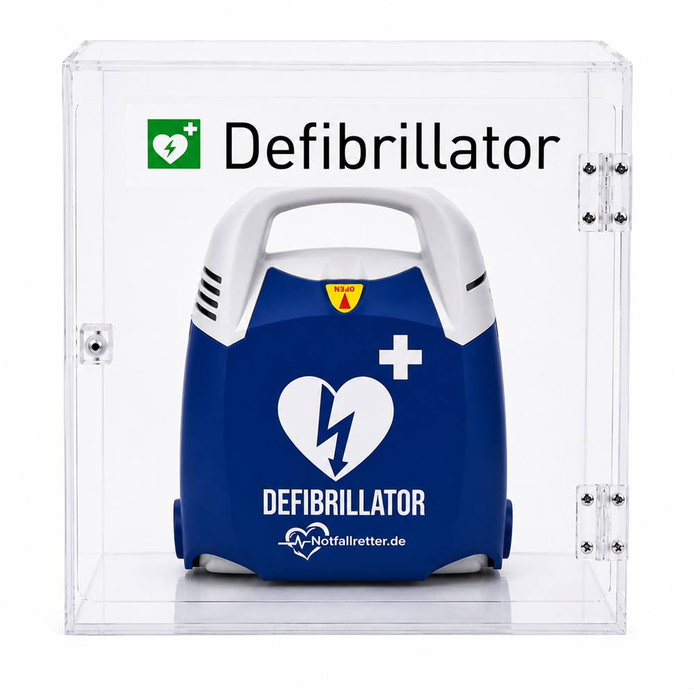 Notfallretter.de DEA Defibrillator im Acryl-Wandkasten zur sicheren Aufbewahrung-frontal-geschlossen