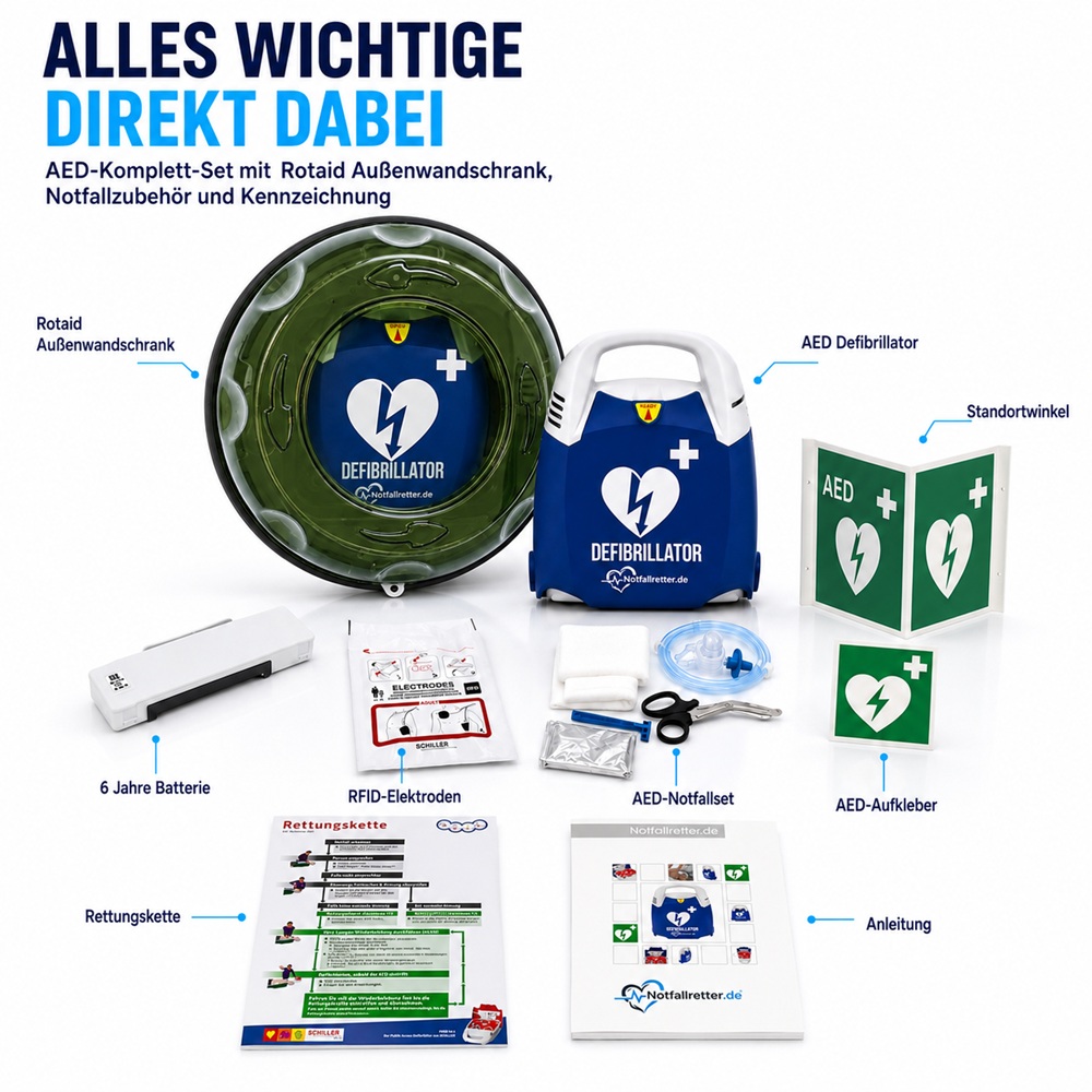 Inhalt des AED Defibrillator-Sets mit Notfallretter.de Gerät, ROTAID Außenwandkasten, Batterie, Elektroden und Notfallkit.