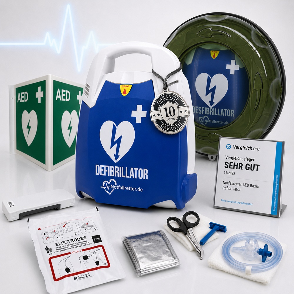 AED Defibrillator-Set von Notfallretter.de mit ROTAID Außenwandkasten, Heizung, Alarm und Beschilderung.