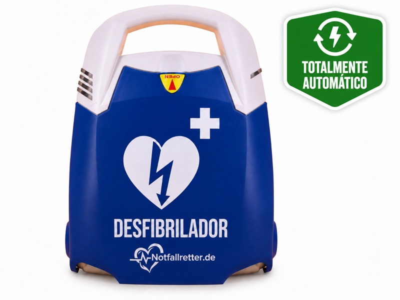 Desfibrilador DEA automático Notfallretter.de con inscripción en español para emergencias cardíacas en empresas y espacios públicos.