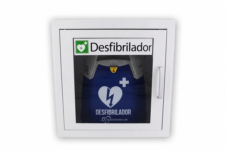 Desfibrilador DEA Notfallretter.de guardado en armario metálico de pared blanco con ventana de visualización.