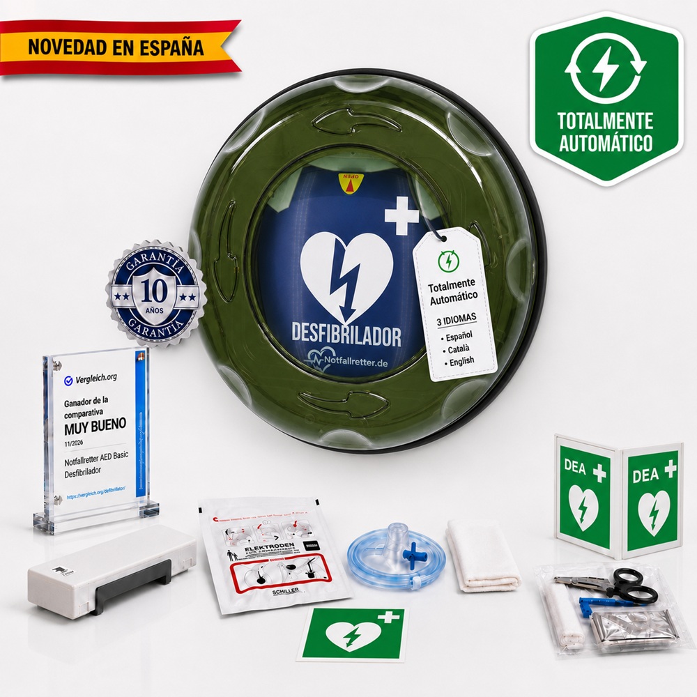 Set de desfibrilador DEA Notfallretter.de totalmente automático con armario exterior ROTAID, calefacción, alarma y señalización.
