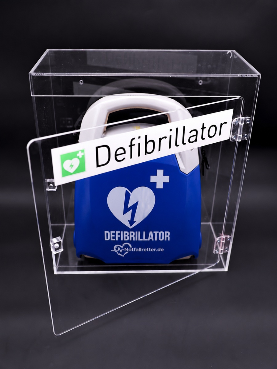 Transparenter Acryl-Wandkasten offen schwarzer Hintergrundfür DEA Defibrillatoren mit sichtbarem Design und Montagematerial.