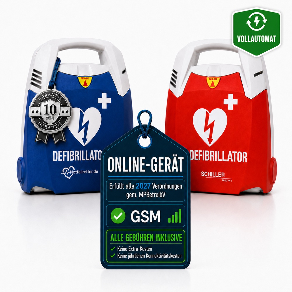 Vollautomatischer AED Net Defibrillator von Notfallretter.de mit GSM-Verbindung und LifeDataNet G2 Online-Plattform.