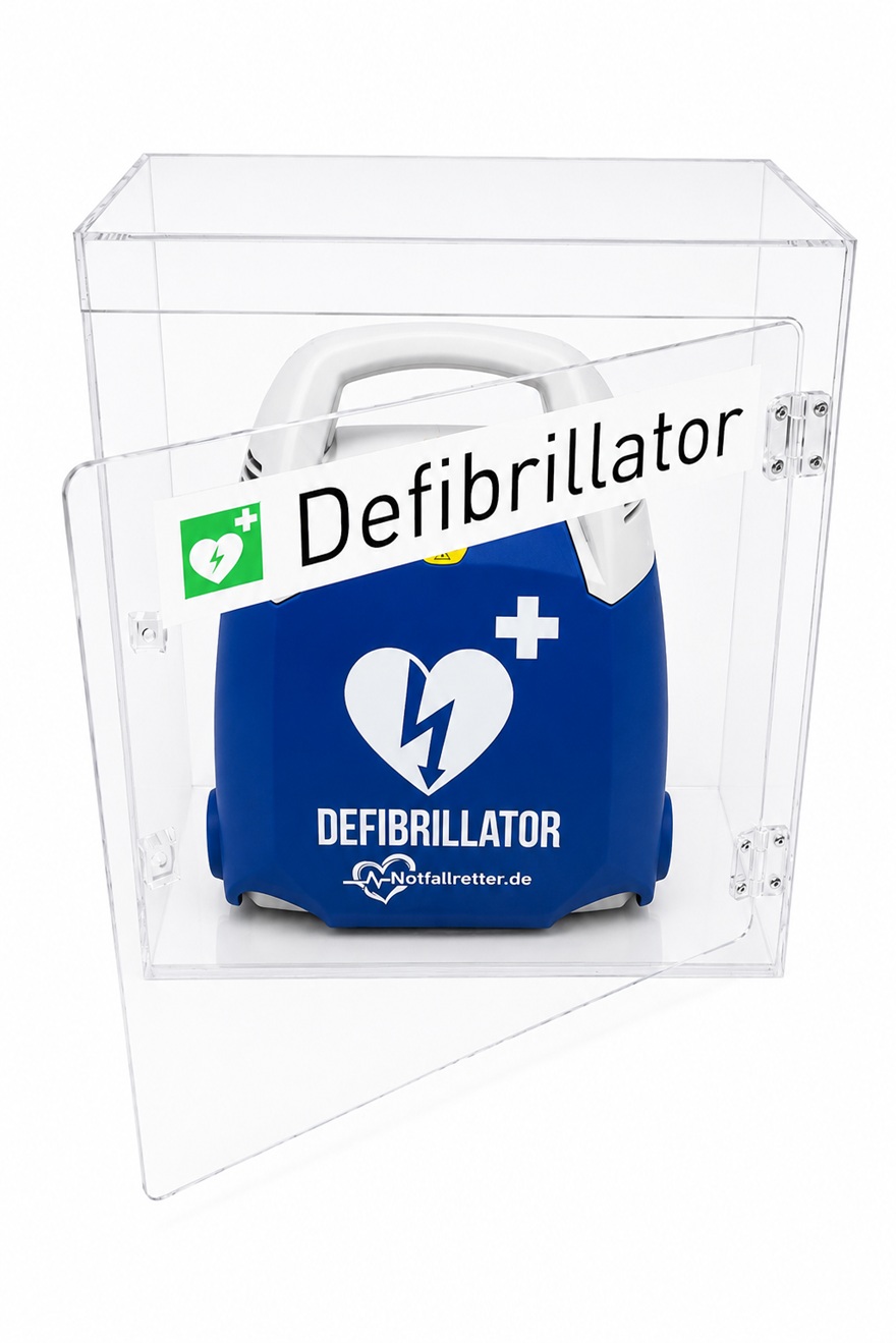 Transparenter Acryl-Wandkasten offen für DEA Defibrillatoren mit sichtbarem Design und Montagematerial.