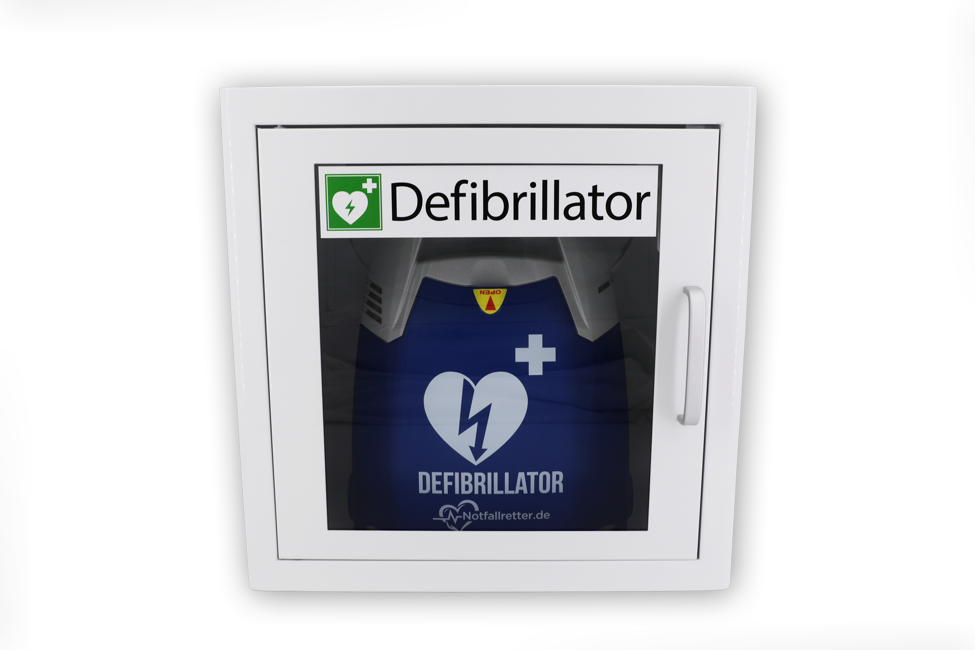 Set Notfallretter.de® AED Defibrillator Basic Vollautomat 10 J. Garantie mit Metallwandkasten + AED-Standortwinkel