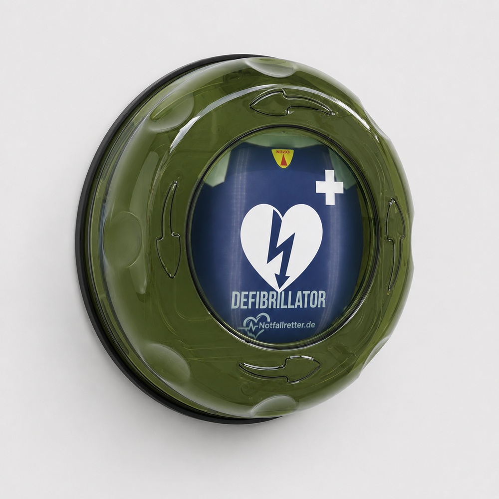 Automatischer AED Defibrillator von Notfallretter.de im ROTAID Außenwandkasten in Seitenansicht für Herznotfälle und Reanimation.