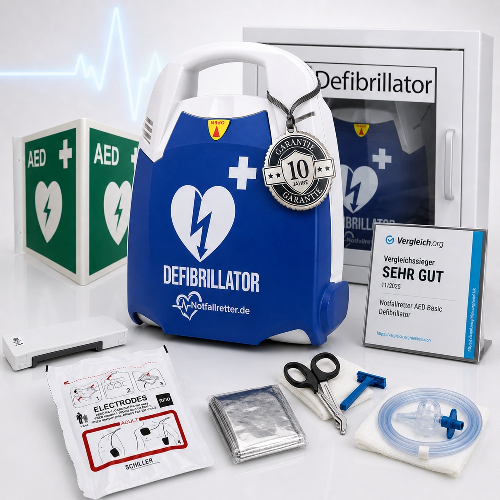 AED Defibrillator-Set von Notfallretter.de mit Metall-Wandschrank, AED-Standortschild und Notfallkit.