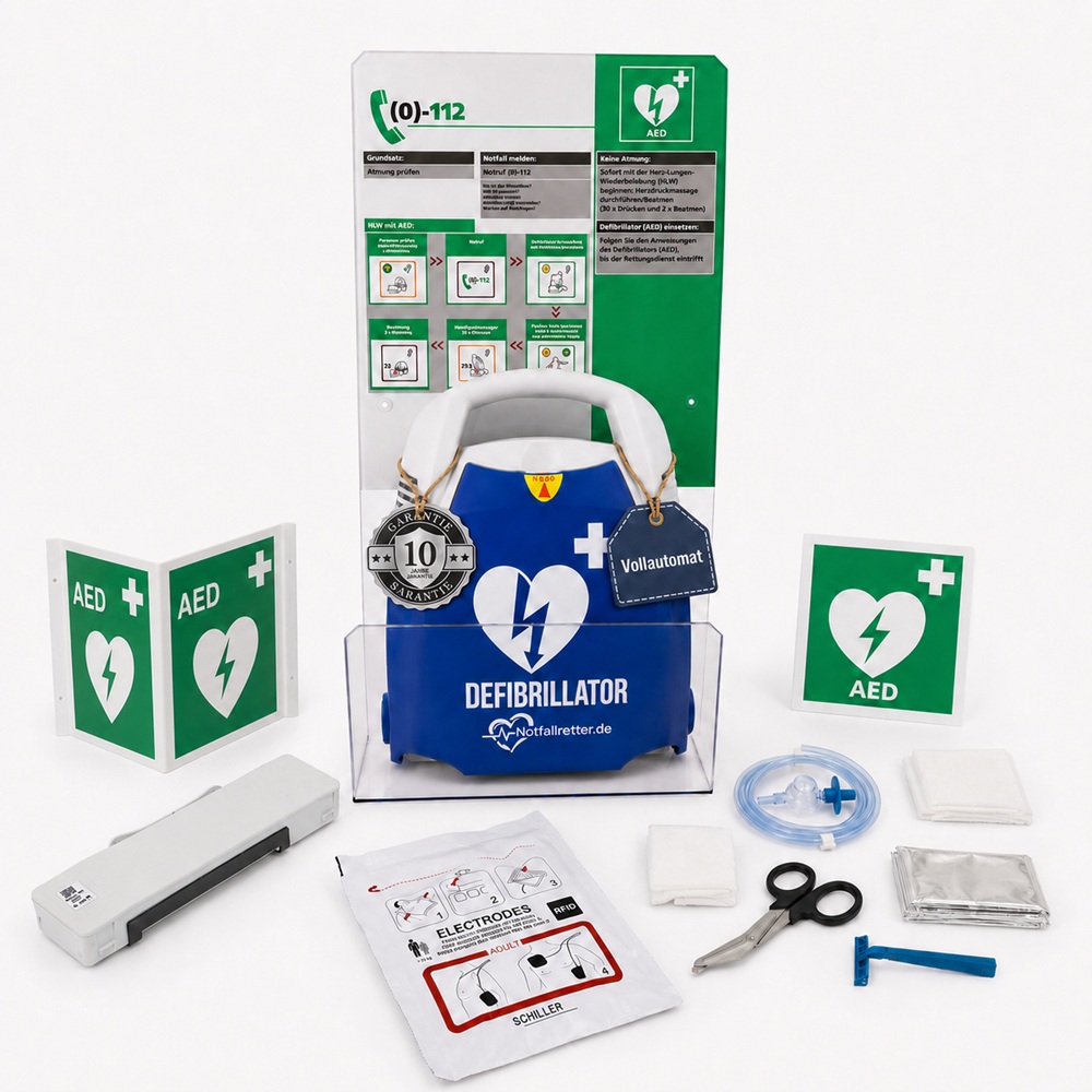 AED Defibrillator Set von Notfallretter.de mit Erste-Hilfe-Acrylglaswinkel und AED-Standortwinkel.