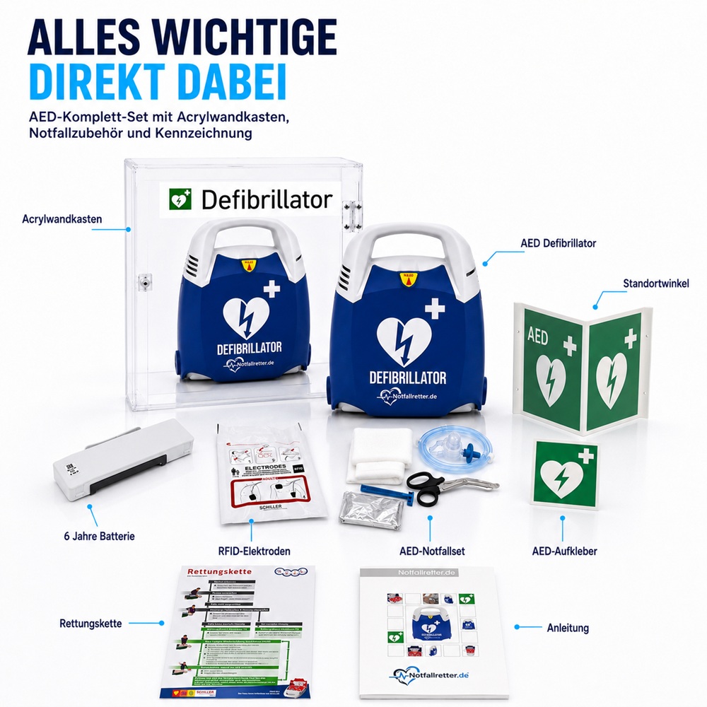 Inhalt des DEA Defibrillator-Sets mit Notfallretter.de Gerät, Acryl-Wandschrank, Elektroden, Batterie und Notfallzubehör.