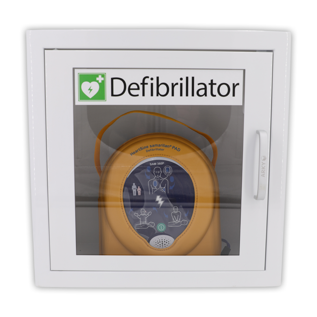 Defibrillator AED PAD360P Set, vollautom. Schockauslösung m. Metall-Wandkasten, AED-Standortwinkel, Notfallset