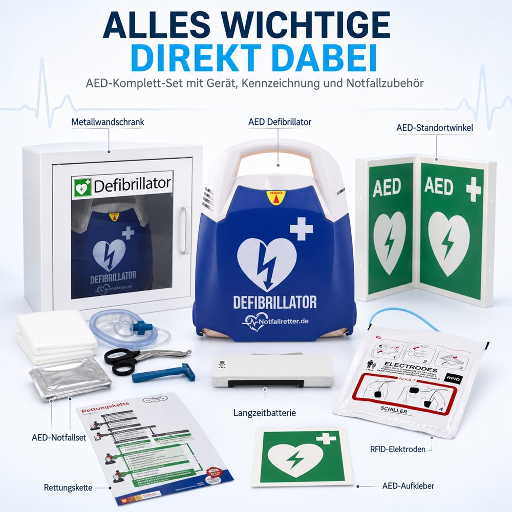 Inhalt des DEA Defibrillator-Sets mit Notfallretter.de Gerät, Metall-Wandschrank, Batterie, Elektroden und Notfallzubehör.
