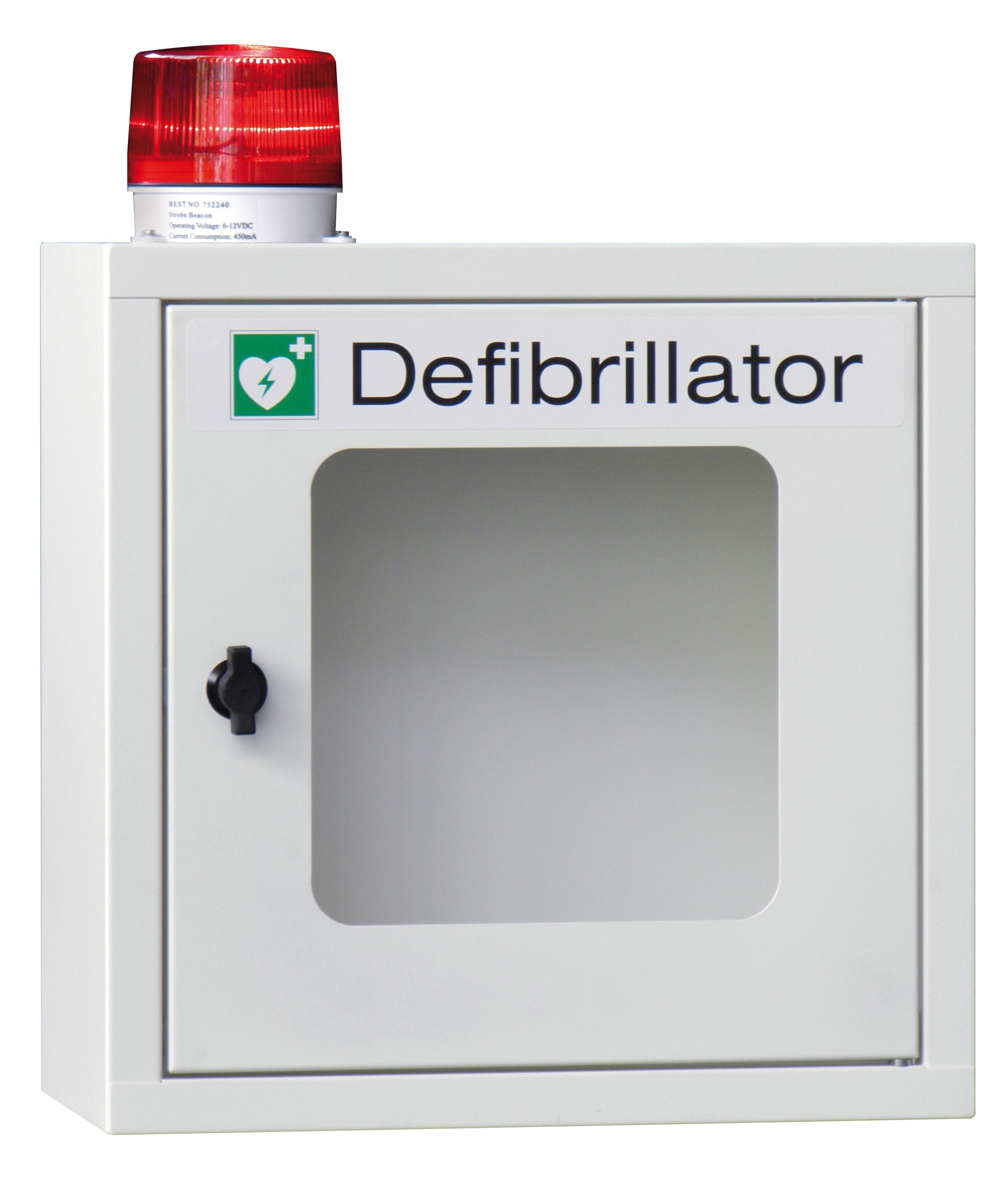 Stahl-Wandschrank für Defibrillator AED mit Kunststoffschauglas, Alugriff, akkustischem Alarm und Alarmleuchte 