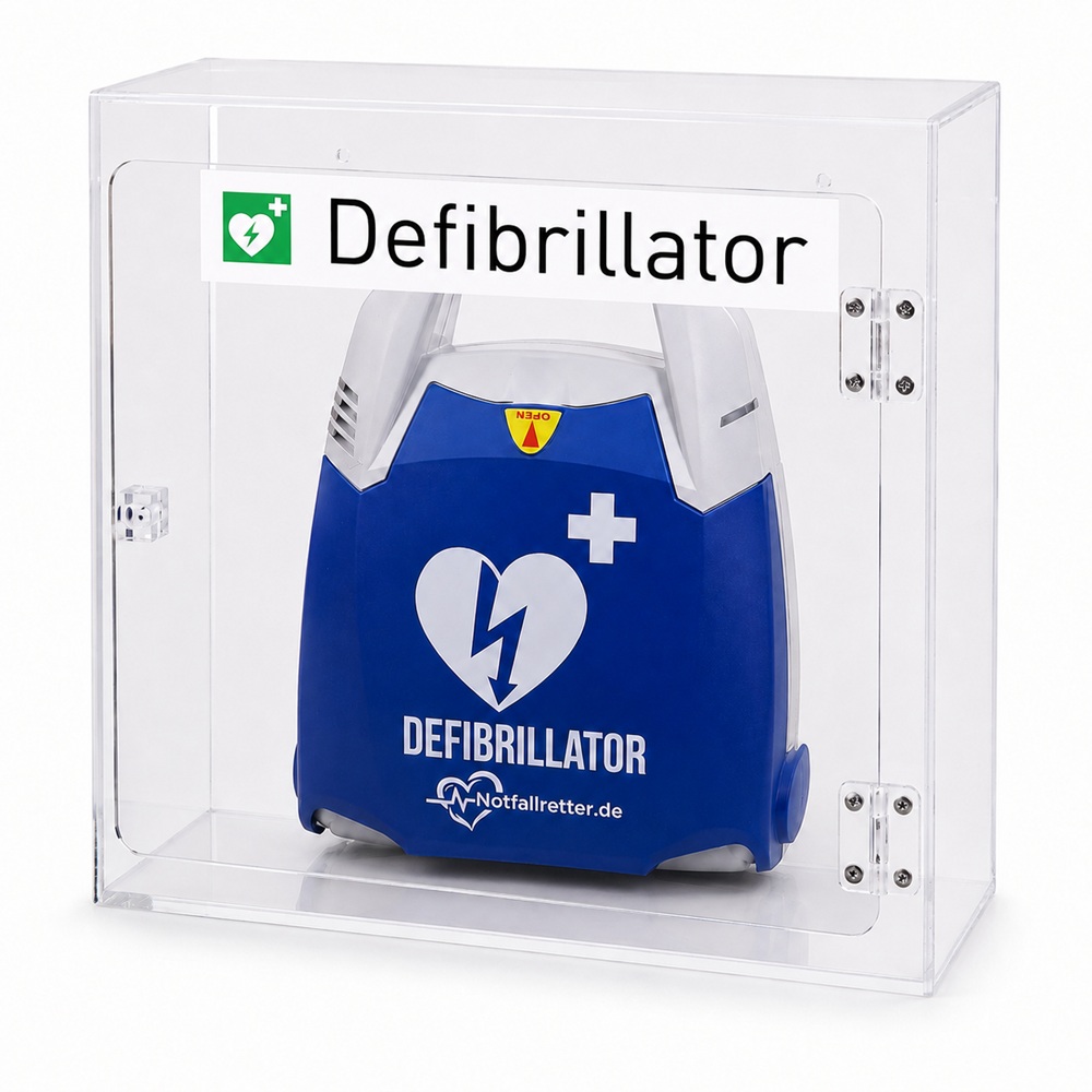 Notfallretter.de DEA Defibrillator im Acryl-Wandkasten zur sicheren und gut sichtbaren Aufbewahrung.