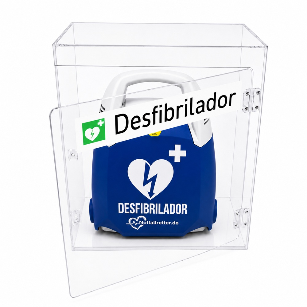 Desfibrilador DEA Notfallretter.de guardado en armario de pared de acrílico para una ubicación segura y visible.