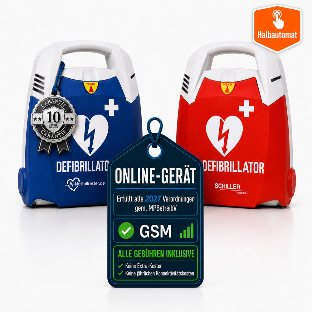 Halbautomatischer AED Net Defibrillator von Notfallretter.de mit GSM-Verbindung und LifeDataNet G2 Online-Plattform.