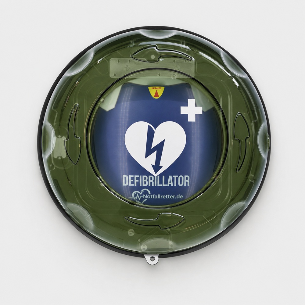 Automatischer AED Defibrillator von Notfallretter.de im ROTAID Außenwandkasten in Frontansicht für Herznotfälle und Reanimation.